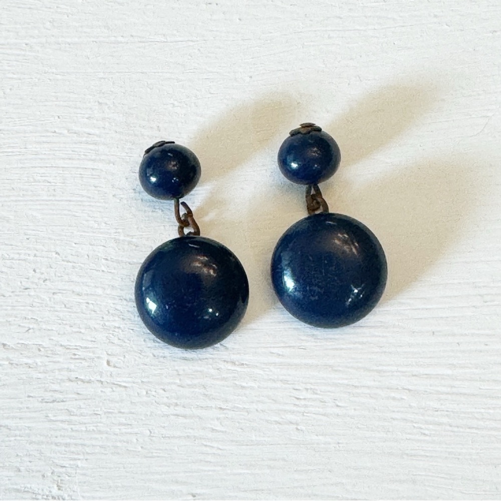 Antique Czech Cobalt Blue Satin Striped Lamp-work Ball Glass Buttons Set of 2